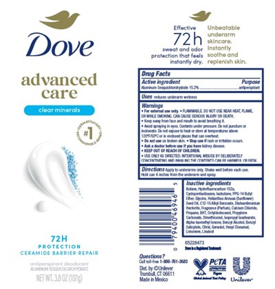 Label (Dove Advanced Care Clear Minerals 72h Protection Dry Spray Antiperspirant Deodorant   Artwork)